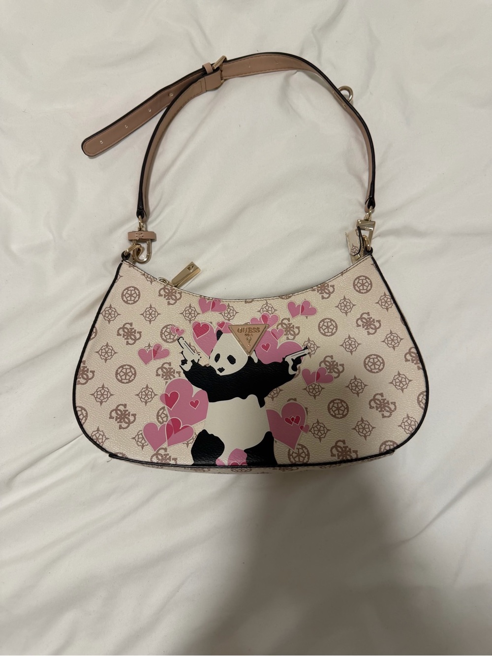 GUESS x Banksy limited edition Cream and Pink Panda Heart Crescent Shoulder Bag